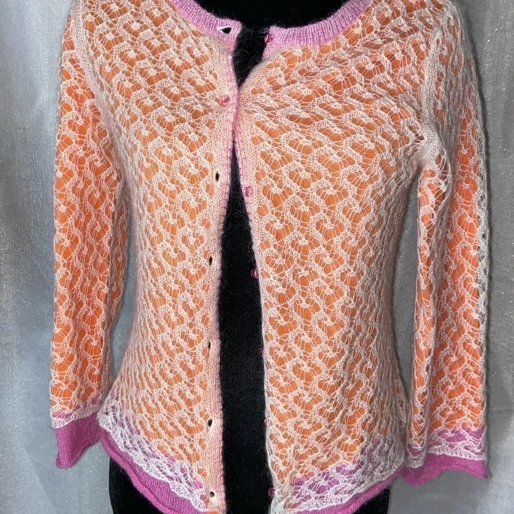 Sigrid Olsen Pink Trim Crocheted Overlay Cardigan - Picture 6 of 8